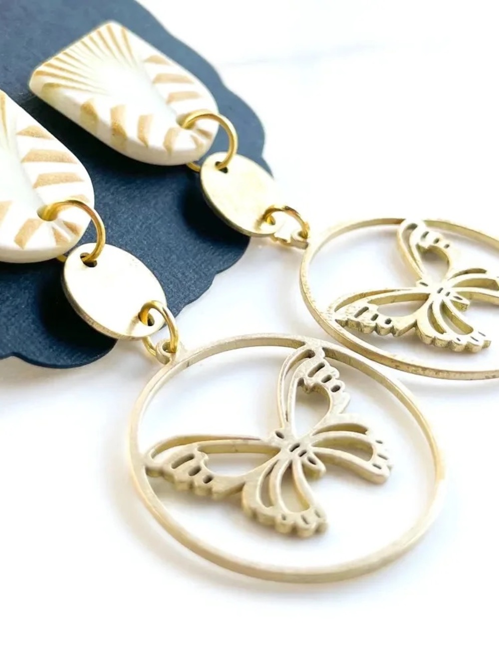Delicate Gold Butterfly Hoop Drop Earrings